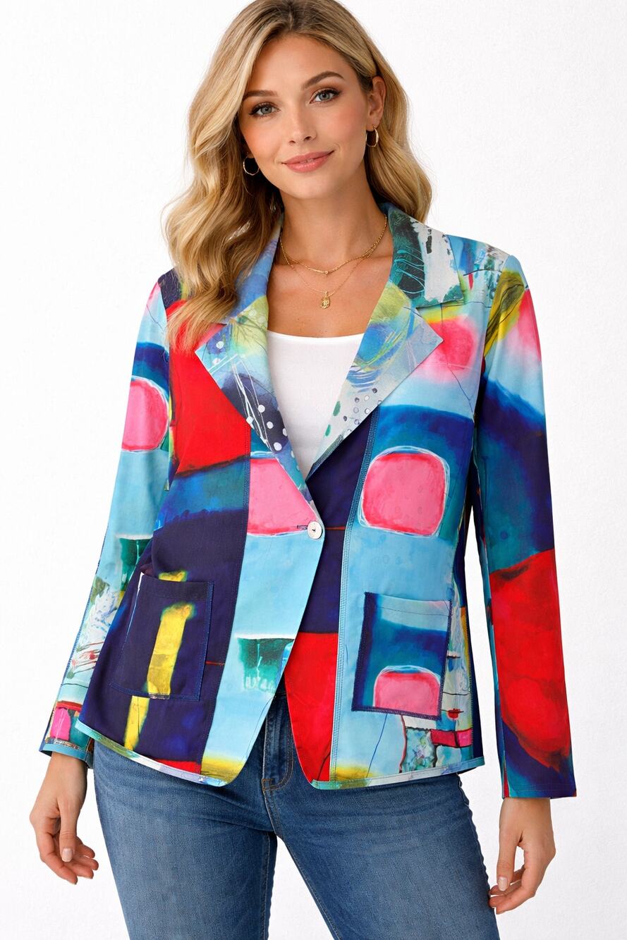 Lemon Grass Abstract Print Blazer XL Colorful Art Jacket Lightweight Statement